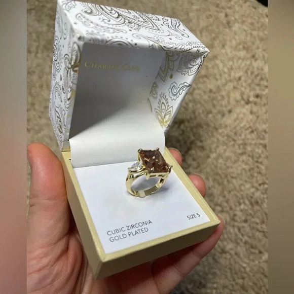 Emerald Brown Cut Charter Club Crystal Ring in Gold Plate 5,6,7,10 sizes NWT - Picture 5 of 8